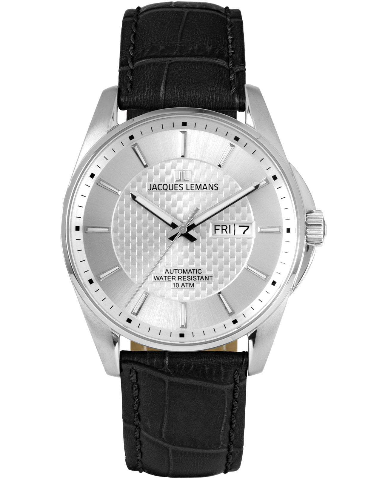 Jacques Lemans Jacques Lemans Automatic 1-2210B  1-2210B механические мужские часы серебристый циферблат, браслет кожаный — вид спереди