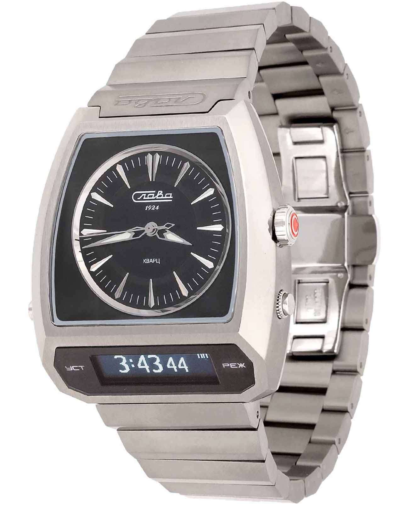 Слава Слава Погоня 9000737/100-GL32  9000737/100-GL32 кварцевые мужские часы черный циферблат, браслет титановый — вид спереди