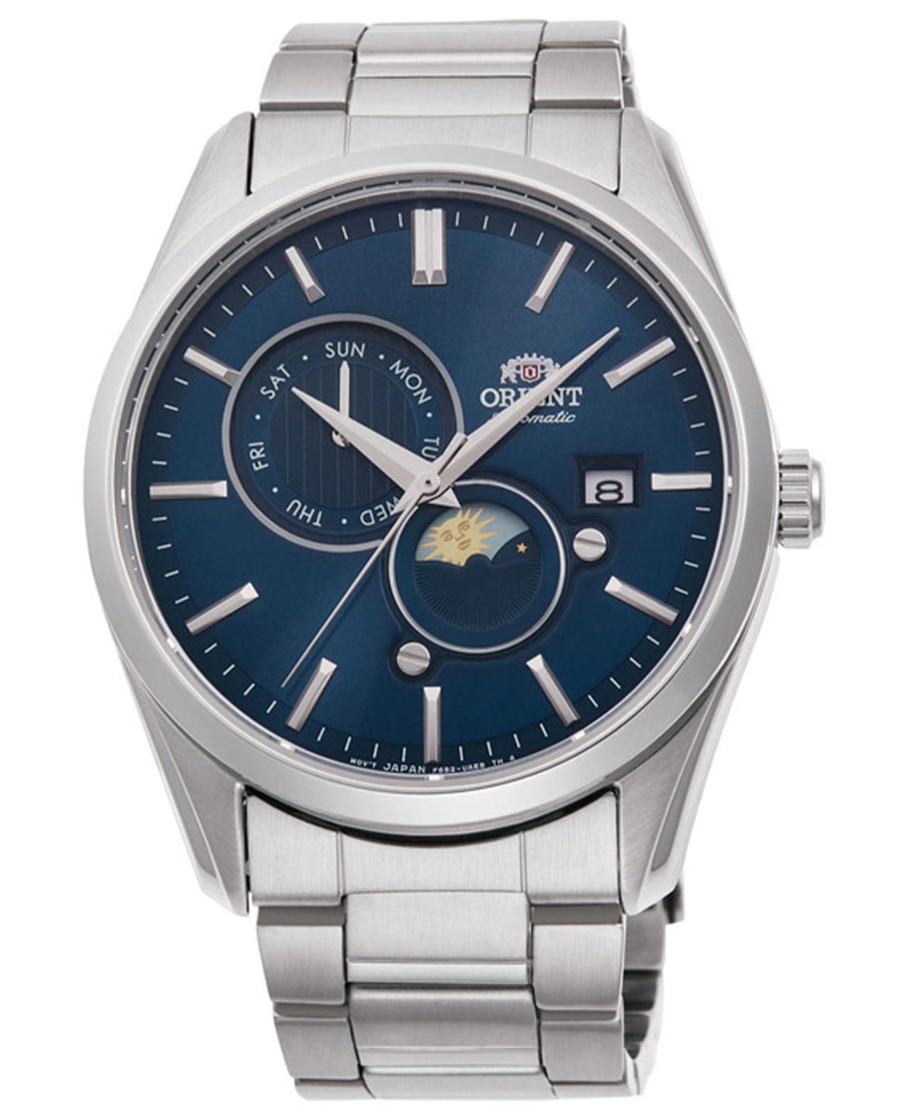 Orient Orient Sun & Moon RA-AK0308L (RN-AK0308L)  RA-AK0308L механические мужские часы синий циферблат, браслет нержавеющая сталь — вид спереди
