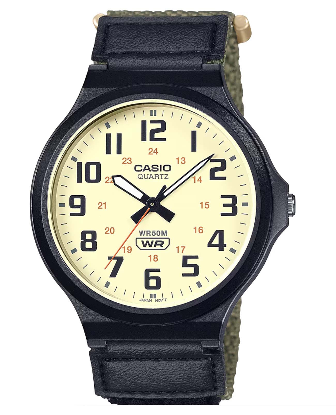 Casio Casio Collection MW-240B-3BVDF  MW-240B-3BVDF кварцевые мужские часы бежевый циферблат, браслет тканевый — вид спереди
