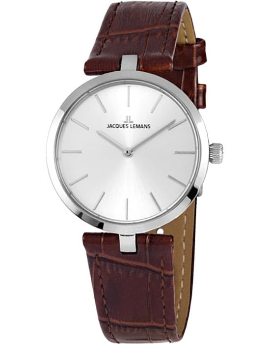 Jacques Lemans Jacques Lemans 1-2024B  1-2024B кварцевые женские часы серебристый циферблат, браслет кожаный — вид спереди